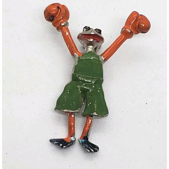 Vintage Brooch Enamel Frog Boxing Cartoon Kermit Funny 1940s 1950s Pin - Picture 1 of 4